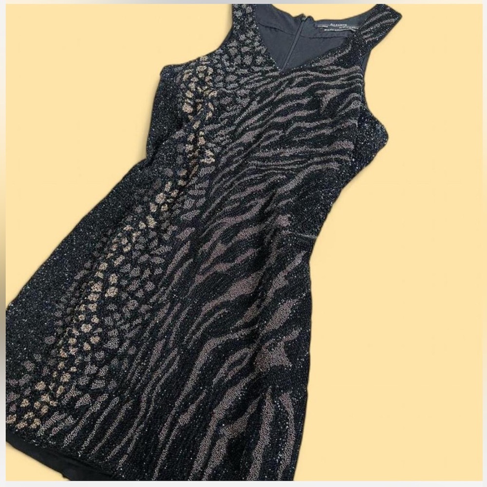 AllSaints Shia hand embellished, mixed metal and animal print mini dress size 10